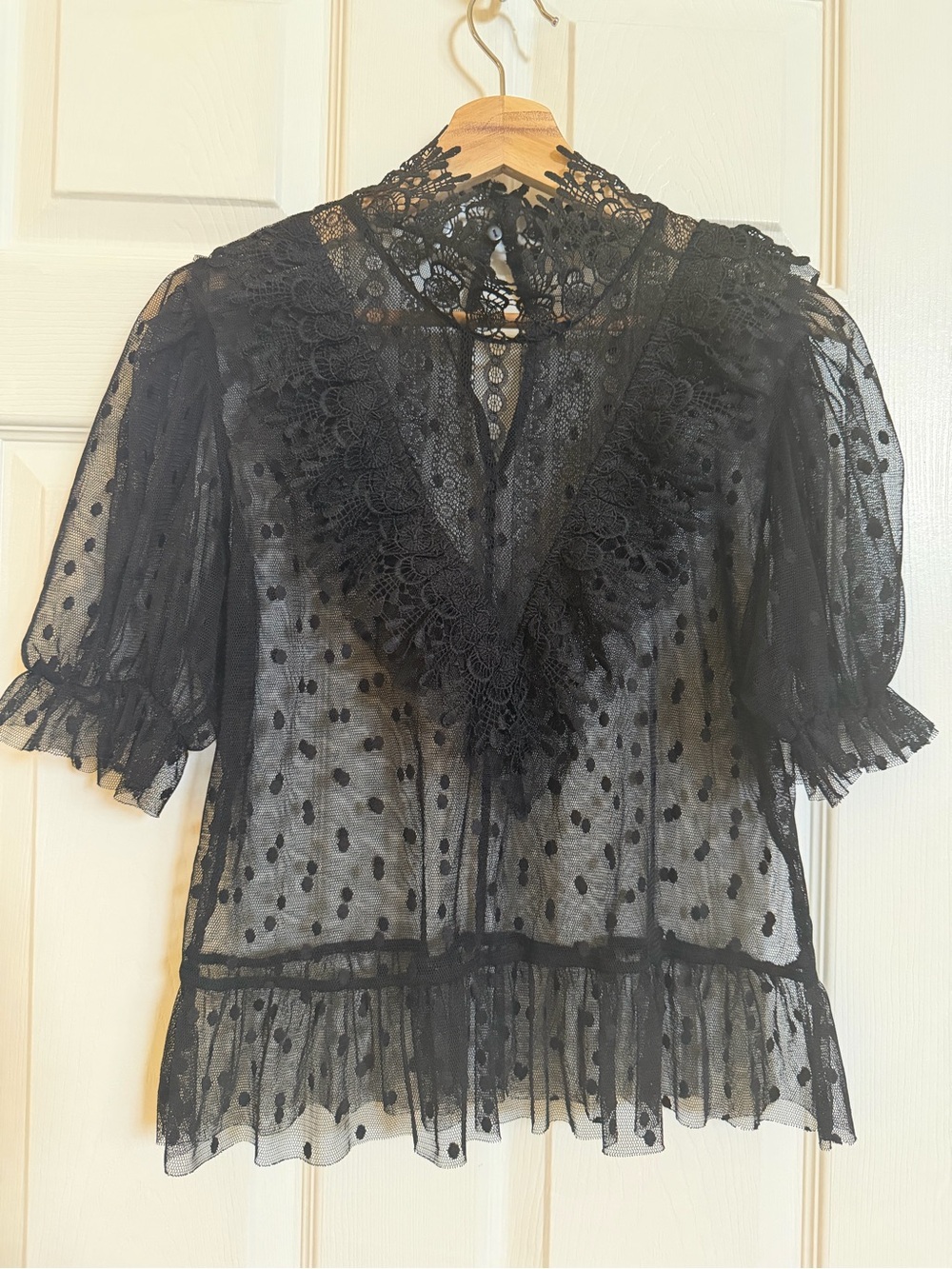 Zara Black Sheer Polka-Dot Lace Ruffle Blouse - Picture 4 of 4